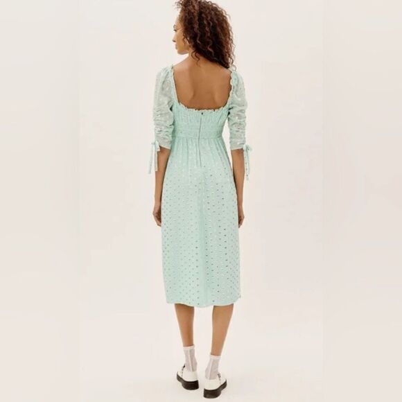 For Love & Lemons Eden Silk Midi Mint Green Dress Blend Metallic Hearts Size S - Picture 3 of 9